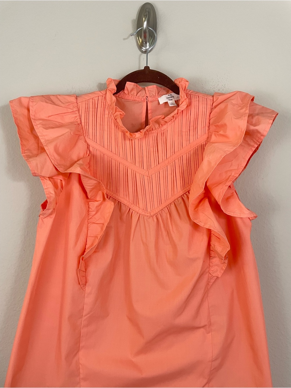 entro Orange Pleated Ruffle Neck Poplin Blouse Size Small - Picture 3 of 5